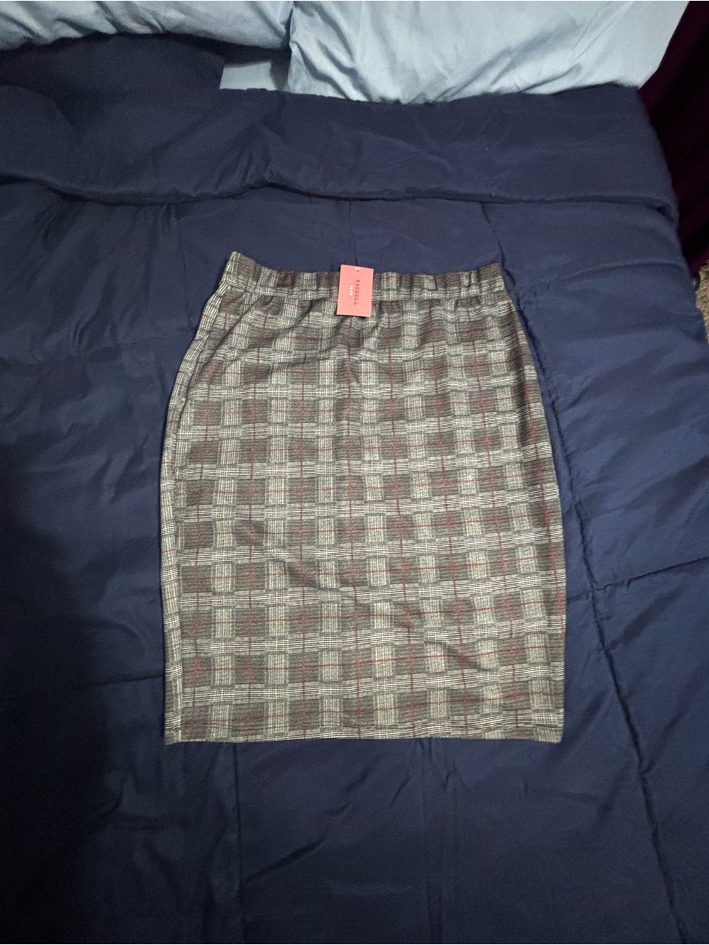 Ragdoll Plaid Pencil Skirt in Gray and Brown with Subtle Red Accent